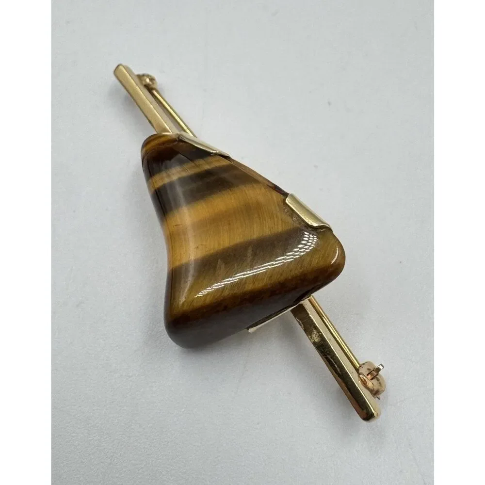 Vintage 14k‎ Yellow Gold Polished Stone Tigers Eye Brooch Pin Estate Jewelry